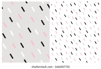 Simple Geometric Seamless Vector Pattern. White, Black and Pink Short Lines Isolated on a Light Gray Background. White, Pink and Gray Elements on a White Layout. Confetti Rain Vector Print.