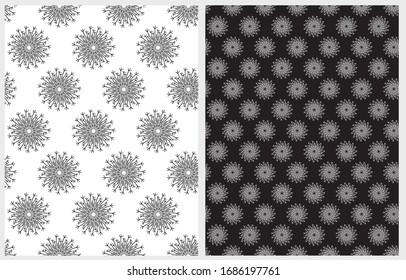 Simple Geometric Seamless Vector Pattern. Winter Print with Abstract Snowflakes Isolated on a White and Black Background. Winter Holidays Print with Falling Snowflakes ideal for Fabric,Wrapping Paper.