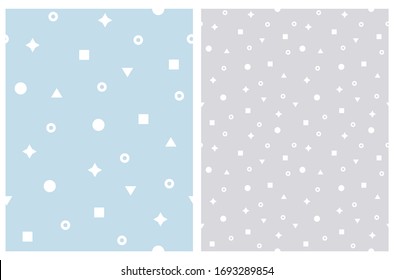 Simple Geometric Seamless Vector Pattern with White Dots, Triangles, Stars, Circles and Squares Isolated on a Pastel Blue and Light Gray Background. Cute Memphis Style Abstract Print.