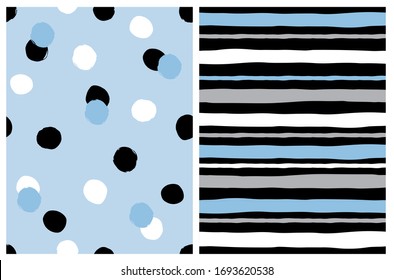 Simple Geometric Seamless Vector Pattern with White, Black and Blue Dots Isolated on a Pastel Blue Background. Cute Striped Print. White, Blue and Gray Horizontal Lines on a Black Layout.