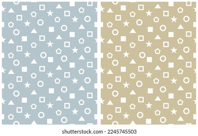 Simple Geometric Seamless Vector Pattern. White Abstract Elements Isoletad on a Light Blue and Light Gold Background. Repeatable Print with White Circle, Star, Triangle and Squares.