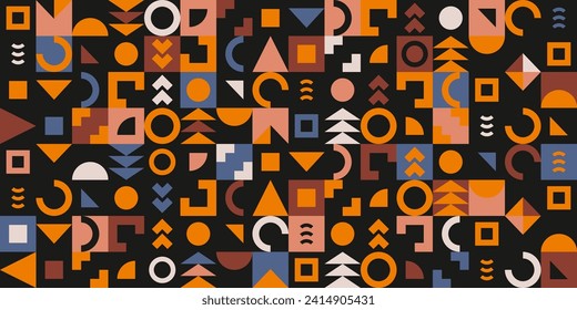 Simple Geometric Seamless Vector Pattern with Triangles, Circles, Sqares and Stripes isolated on a Black Background. Modern Abstract Ethnic Print ideal for Textile. RGB. Bauhaus Repeatable Design.