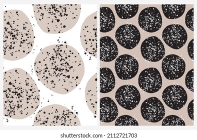 Simple Geometric Seamless Vector Patterns with Hand Drawn Dots and Splatters Isolated on a White and Light Brown Backgrouds. Funny Abstract Irregular Print ideal for Fabric, Textile, Wrapping Paper.