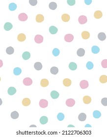 Simple Geometric Seamless Vector Patterns with Blue, Pink, Yellow and Gray Hand Drawn Dots Isolated on a White Backgroud. Funny Abstract Irregular Dotted Print ideal for Fabric, Textile.