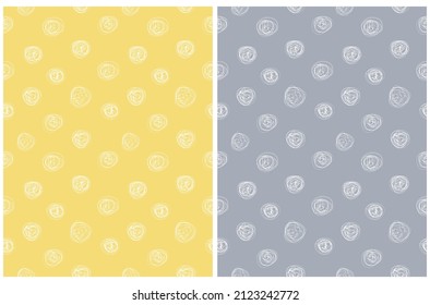 Simple Geometric Seamless Vector Patterns with White Hand Drawn Circles Isolated on a Illuminating Yellow and Ultimate Gray Backgroud. Funny Abstract Irregular Dotted Print ideal for Fabric, Textile.