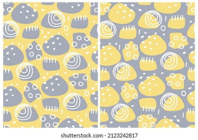 Simple Geometric Seamless Vector Patterns with Hand Drawn Circles, Swirls and Spots on a Illuminating Yellow and Ultimate Gray Backgroud. Funny Abstract Irregular Print ideal for Fabric, Textile.