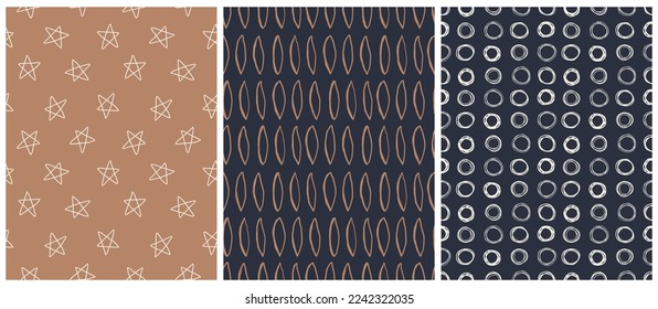 Simple Geometric Seamless Vector Patterns. Irregular Hand Drawn Starry Print. Infantile Style Abstract Doodle Design. Sketched Stars, Dots and Spots on a Dark Blue and Brown.