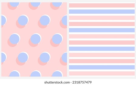 Simple Geometric Seamless Vector Patterns in Danish Pastel Colors. Baby Blue Polka Dots Isolated on a Light Pink Background. Blue and Blush Pink Stripes on a White.Delicate Dotted and Striped Pattern.