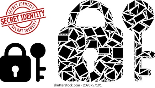 Simple Geometric Secrecy Mosaic And Secret Identity Rubber Stamp Seal. Red Stamp Has Secret Identity Caption Inside Round And Lines Shape. Vector Secrecy Icon Collage Designed Of Scattered Triangles,