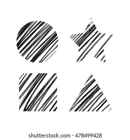 Simple geometric shapes with black messy hatching isolated on white