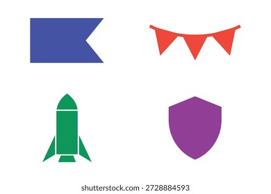 Einfache geometrische Formen: Blaue Flagge, rote Bombe, grüne Rakete, violettes Schild.