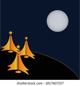 Simple geometric shapes of Christmas trees on a black background with the moon. Minimalist shapes