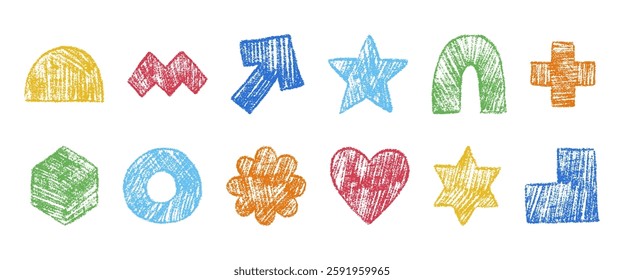 Simple geometric shapes drawn with colored pencil. Collection of abstract figures with grunge texture. Arrow, heart, flower, hexagon, cross and other. Hand drawn vector illustration