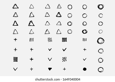 Simple geometric shapes drawn in pencil by hand. Different kinds of shapes. Black white sketch triangles, circles and lattice. Vector eps illustration.