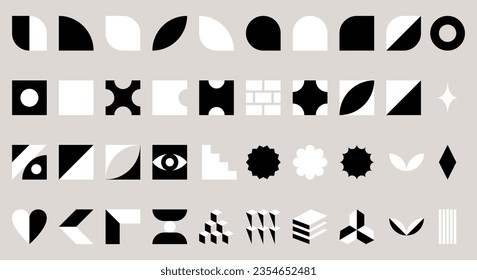 Simple geometric shapes inspired by Swiss minimalism, Bauhaus, Brutalism, retrofuturism. Abstract design elements set. Black and white Vector isolated decorative objects
