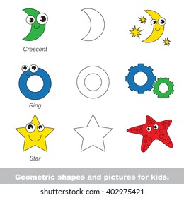 Simple geometric shapes for kids illustrated by relevant pictures.