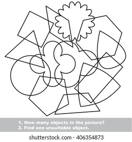 Simple geometric shapes mishmash set in vector outlined to be colored.  Find all hidden objects on the picture. Visual game for children.