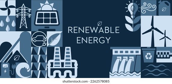 Simple geometric shapes in the renewable energy emblem banner provide Bauhaus-inspired simplicity. This is produced using symbols for renewable energy sources. For sustainable and green energy concept