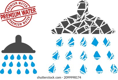 Mosaico de ducha geométrico sencillo y sello de goma de agua PREMIUM. El sello rojo contiene el título de agua premium dentro de la forma de redondeo y líneas. Collage de iconos de ducha vectorial, construido con triángulos aleatorios,