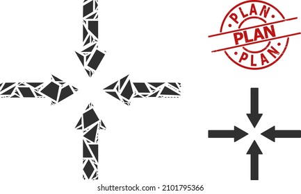 Mosaico de flechas de encogimiento geométrico simple y sello texturizado Plan. El sello rojo contiene la etiqueta Plan dentro del círculo y forma de líneas. Collage de iconos de flechas de encogimiento vectorial combinado desde triángulos dispersos,