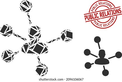 Simple geometric social links mosaic and Public Relations scratched seal. Red stamp seal contains PUBLIC RELATIONS title inside round and lines shape.
