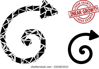 Simple geometric spiral arrow mosaic and Linear Growth textured stamp seal. Red stamp seal contains Linear Growth text inside round and lines form.