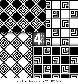Simple Geometric Square Based Black White Vector Seamless Pattern, Set of 4