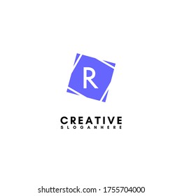 Simple geometric square R logotype in flat blue color design concept