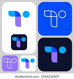 Simple geometric T letter logo with overlapping blue colors. Modern and sophisticated startup technology logo. Perfect for artificial intelligence companies.