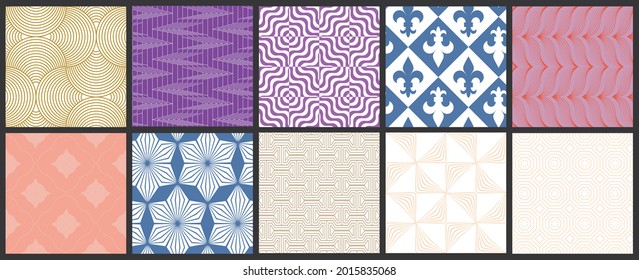 Sencilla textura geométrica. Colección de patrones minimalistas geométricos sin fisuras. Fondos y tapices. Ornamento textil. Arrastrar y soltar correctamente agrupados y estratificados al pallet de muestra.