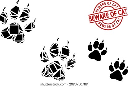 Simple geometric tiger fingerprints mosaic and Beware of Cat corroded stamp seal. Red stamp seal has Beware of Cat text inside round and lines form.