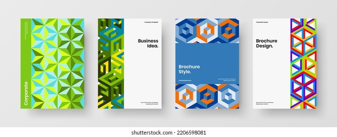 Simple geometric tiles booklet template set. Vivid cover A4 design vector illustration bundle.