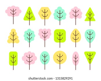 Simple geometric tree symbols. Flat icon set of spring forest plants. Natural park & garden signs. Isolated object on white background