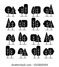 Simple geometric tree symbols. Flat icon set of forest plants. Natural park & garden signs. Isolated object on white background