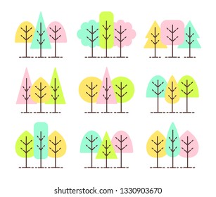 Simple geometric tree symbols. Flat icon set of forest plants. Natural park & garden signs. Isolated object on white background