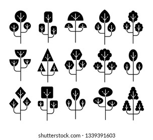 Simple geometric tree symbols. Flat icon set of forest plants. Natural park & garden signs. Isolated object on white background