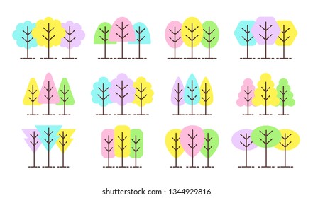 Simple geometric tree symbols. Flat icon set of forest plants. Natural park & garden signs. Isolated object on white background