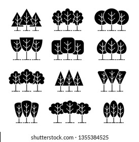 Simple geometric tree symbols. Flat black & white icon set of forest plants. Natural park & garden signs. Isolated object 