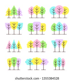 Simple geometric tree symbols. Flat icon set of forest plants. Natural park & garden signs. Isolated object on white background
