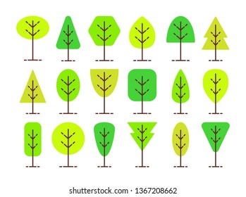Simple geometric tree symbols. Flat icon set of green summer forest plants. Natural park & garden signs. Isolated object on white background