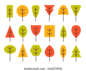 Simple geometric tree symbols. Flat icon set of autumn forest plants. Natural park & garden signs. Isolated object on white background