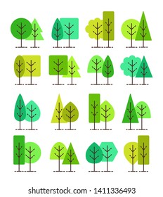 Simple geometric tree symbols. Flat icon set of green summer forest plants. Natural park & garden signs. Isolated object on white background