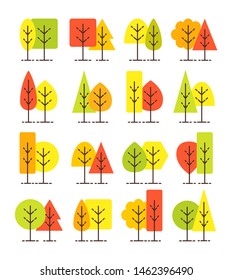 Simple geometric tree symbols. Flat icon set of autumn forest plants. Natural park & garden signs. Isolated object on white background