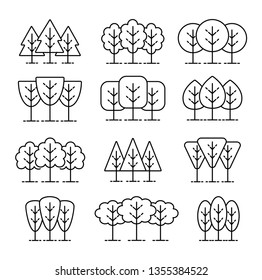 Simple geometric tree symbols. Line icon set of forest plants. Natural park & garden signs. Isolated object on white background