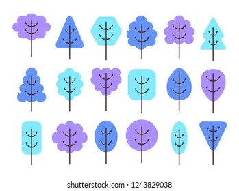 Simple geometric trees symbols. Flat icon set of blue winter forest plants. Natural park signs. Isolated object on white background