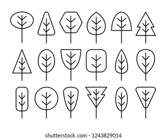 Simple geometric trees symbols. Line icon set of forest plants. Natural park signs. Isolated object on white background