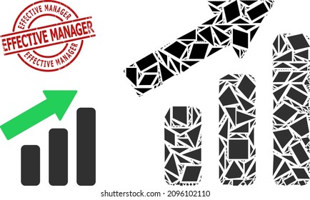 Simple geometric up trend bar chart mosaic and EFFECTIVE MANAGER rubber stamp seal. Red stamp seal has Effective Manager caption inside circle and lines template.