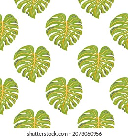 Simple geometric tropical seamless pattern with monstera leaves isolated on white background. Botanical foliage plants wallpaper. Exotic hawaiian backdrop. Design for fabric, textile print, wrapping