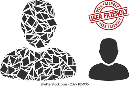 Mosaico simple geométrico de usuario y sello de goma fácil de usar. El sello rojo contiene texto fácil de usar en forma redondeada y de líneas. El collage de iconos de usuario vectorial se combina con triángulos aleatorizados,