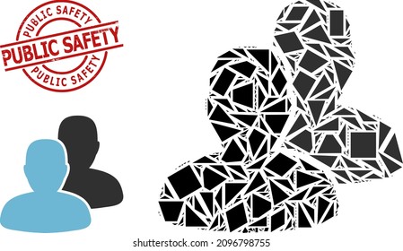 Simple Geometric Users Mosaic And Public Safety Unclean Stamp Seal. Red Stamp Seal Has Public Safety Title Inside Round And Lines Form. Vector Users Icon Collage Constructed From Scattered Triangles,